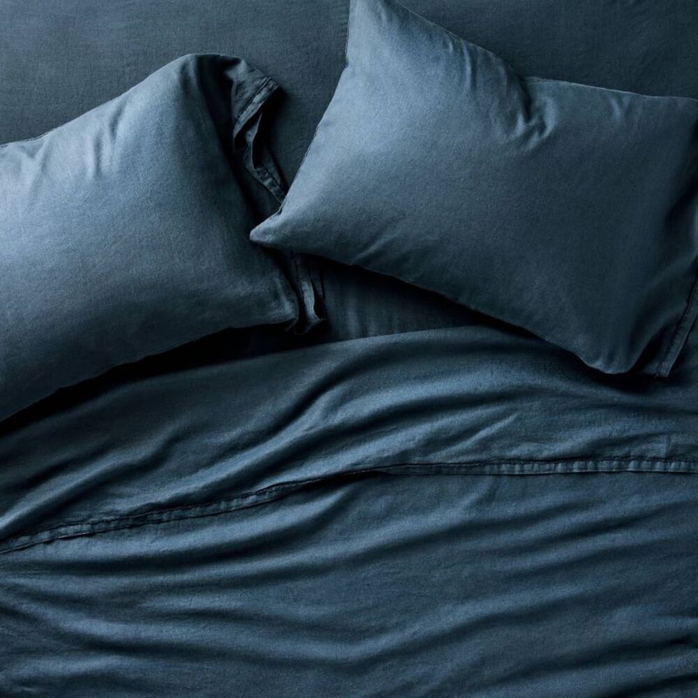 King 100% Linen Sheet Set Dark Mineral Blue - Casaluna